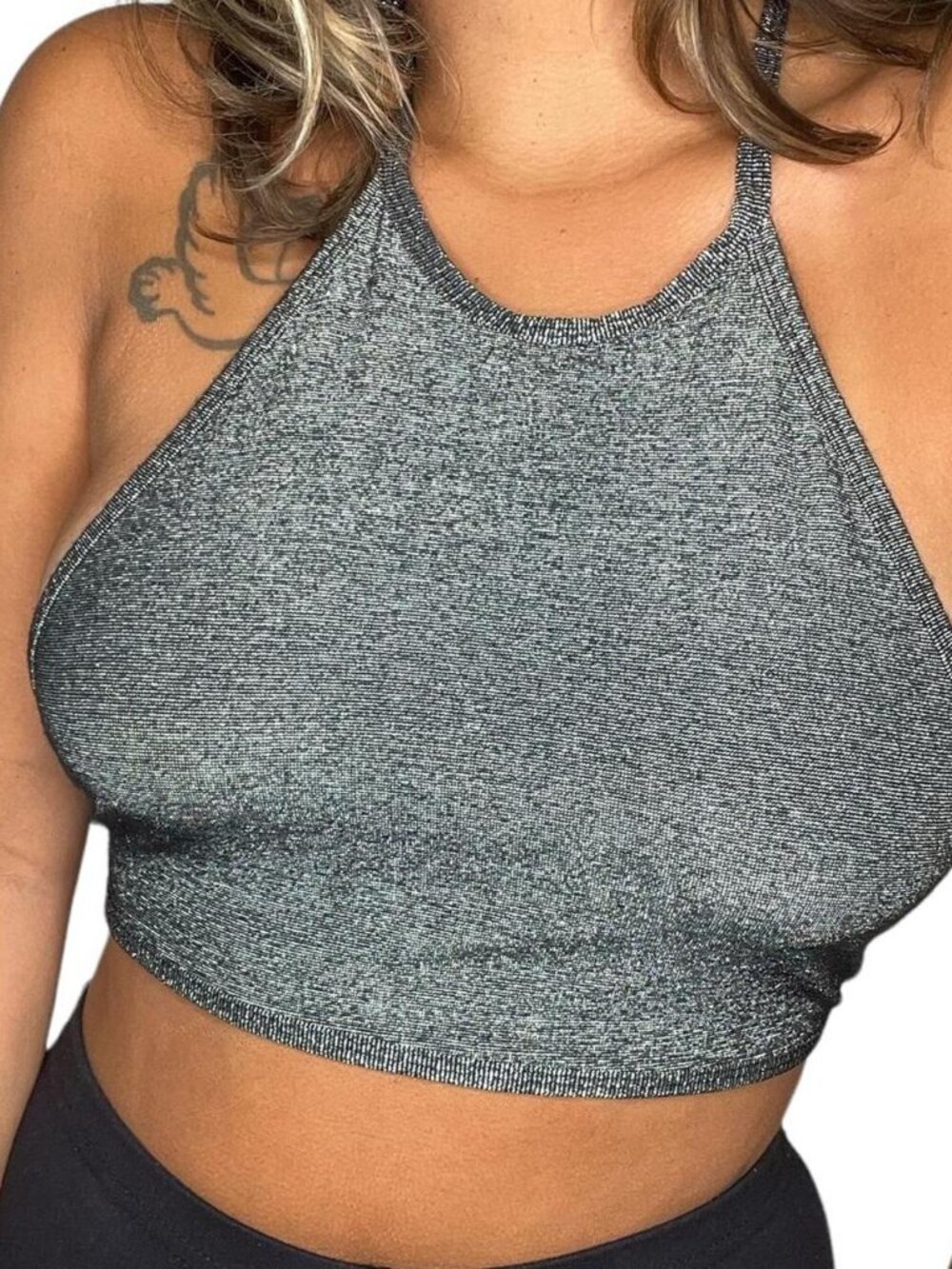 AD American Deadstock Metallic Silver Glitter Open Back Halter Top